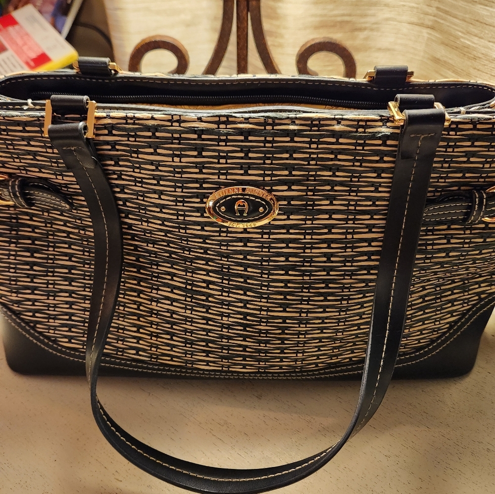 Etienne Aigner Black and Tan Woven Tote
